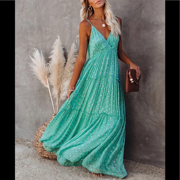 Garden Floral Boho Maxi Dress, Boho Summer Green Stappy Sundress, All Over Print - Picture 2 of 7